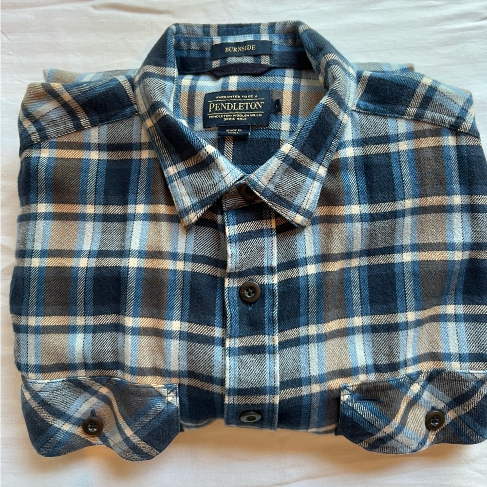 Pendleton Men's Navy and Cream Plaid Shirt